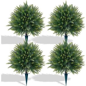 Yangrass 4PCS Artificial Cedar Topiary Ball Tree with Ground Spike,23"(2FT)