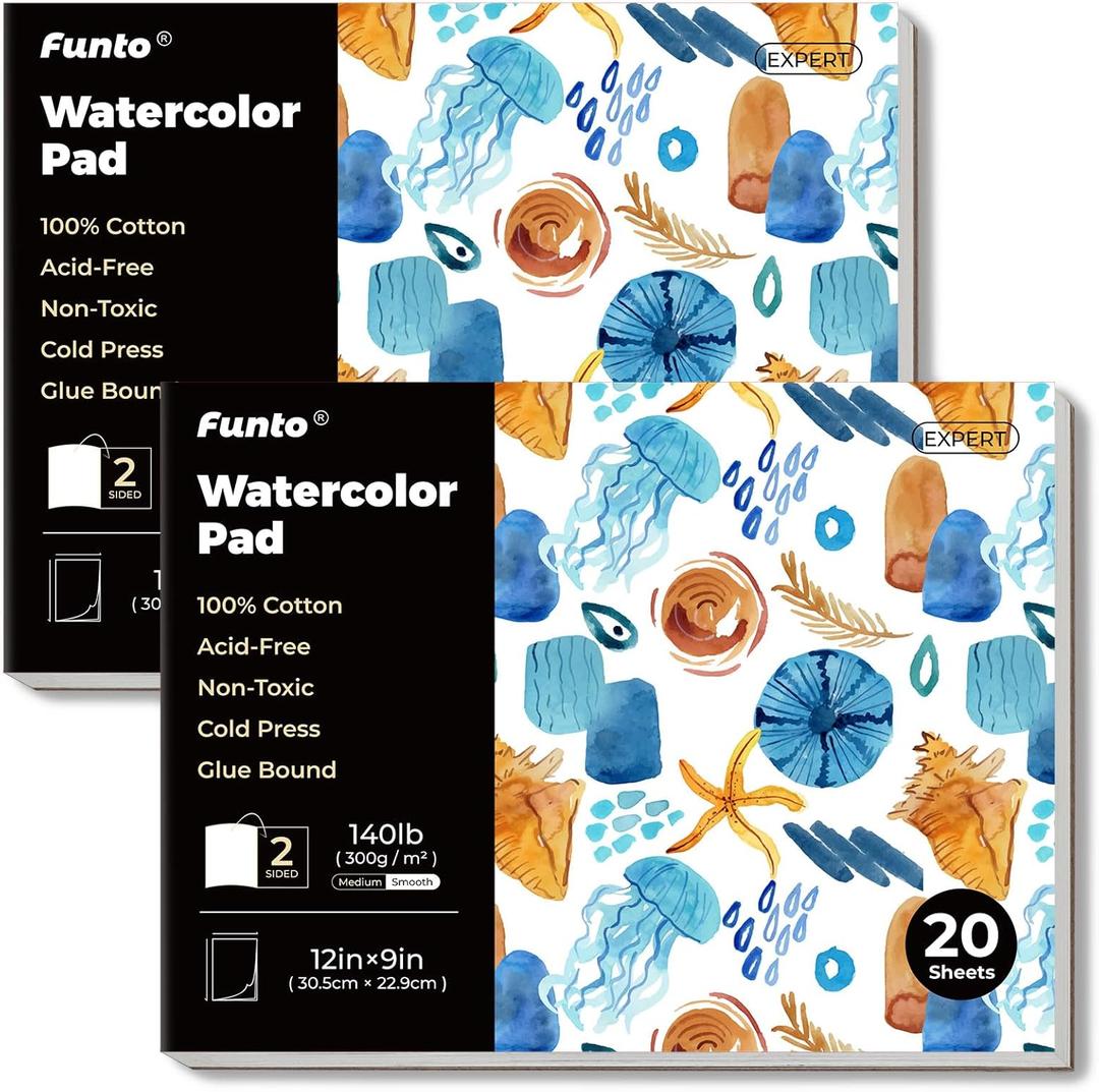 Funto Watercolor Pad, 2Packs, 12x9, 20 Sheets Each, 140lb/300gsm, 100% Cotton, Cold Press, Glue Bound, Easy Tear Heavyweight Art Paper for Painting