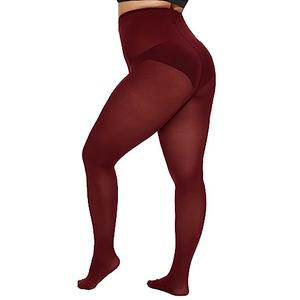 CozyWow Plus Size Tights for Women 80D Soft Solid Color Semi Opaque Pantyhose High Waist Wine Red-XL