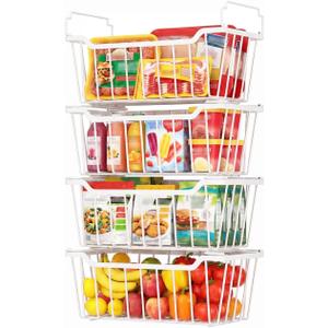 Goovilla Freezer Organizer Bins with Foldable Handle, 4 Pack Stackable Freezer Baskets for 3.5-7 Cu.FT Deep Chest Freezer Organization, White Metal Freezer Storage Bins with Better Space Utilization