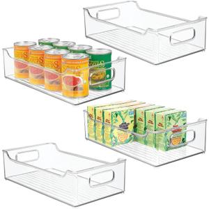 mDesign Wide Plastic Kitchen Storage Container Bins with Handles -Organization in Pantry, Cabinet, Refrigerator or Freezer Shelves - Food Organizer for Fruit, Yogurt, Squeeze Pouches - 4 Pack - Clear