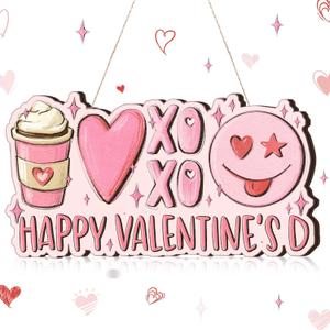 Happy Valentine's Day Door Sign Pink Wooden Valentine's Welcome Wall Hanger with Hand-drawn Heart, Latte, Xoxo, Smile Rustic Hanging Wall Plaque Wreaths Decor for Front Door Porch Farmhouse