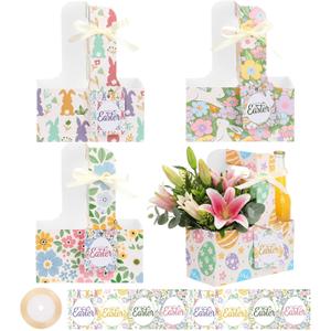 LemonRoad 24 Sets Easter 2 Cup Drink Carriers with Handles, Happy Easter Party Favors Gift Supplies, 4 Style Cardboard Cup Holders with Gift Cards for Women Bunny Party Decoration Table Decor