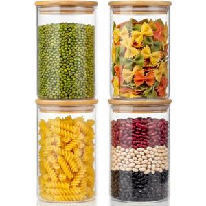 32oz - 4 Pack Glass Jars with Bamboo Lids, Glass Pantry Storage Containers with Airtight Lids, Round Air Tigh Food Storage Canisters for Cereal, Pasta, Flour, Sugar, Rice, Best for Kitchen Organizer