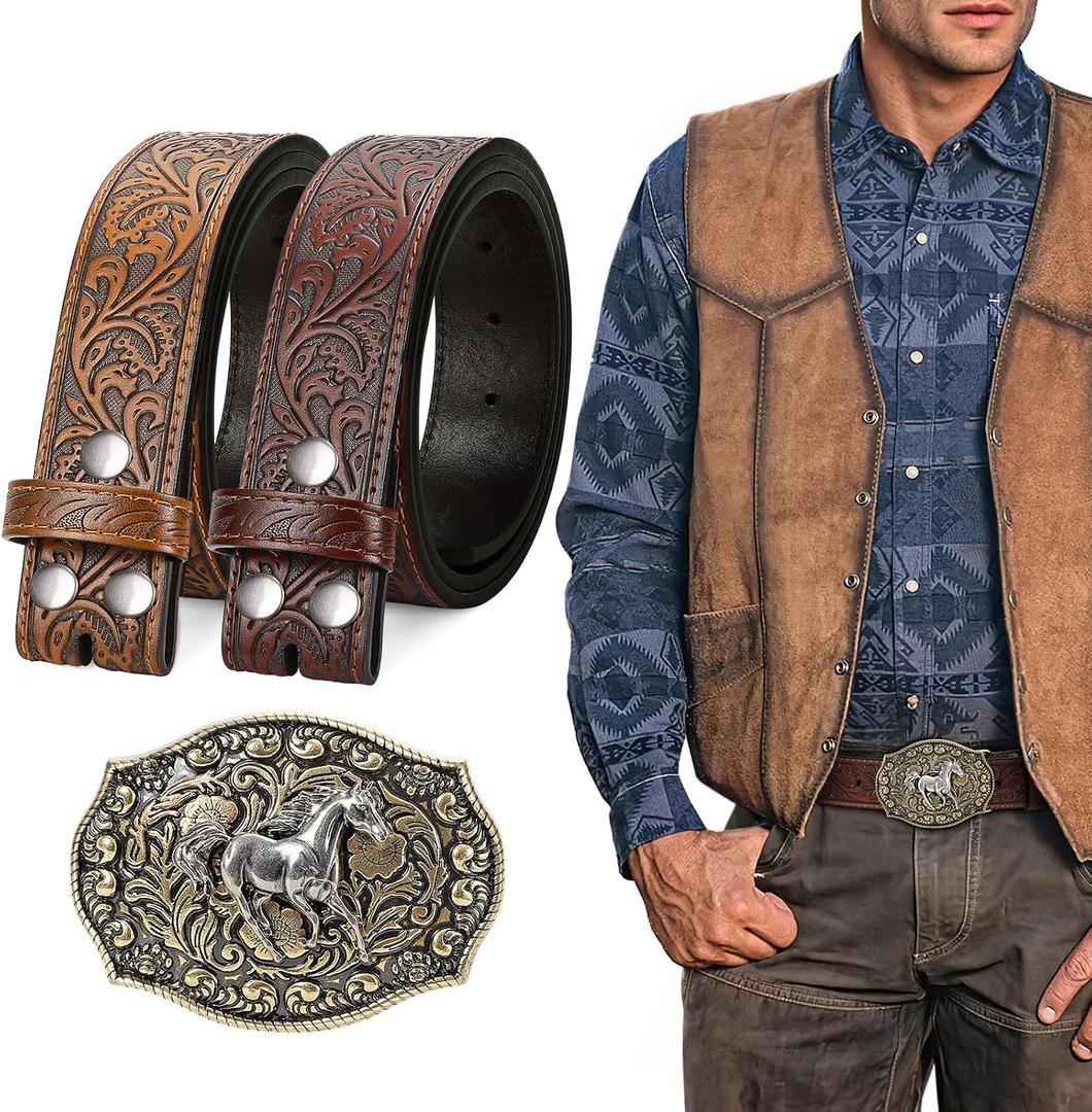 SANSTHS 2 Pack Cowboy Western Belt Strap with a Buckle, Men Women Embossed Cowboy Cowgirl Belt Strap for Jeans Gifts