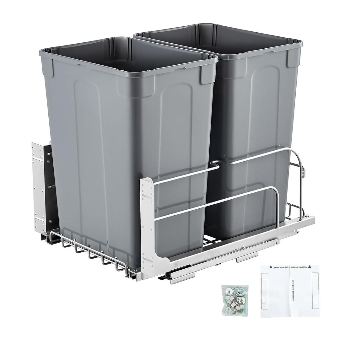 VEVOR Pull-Out Trash Can, 35 QT x2 Double Under Mount Kitchen Waste Container, Heavy Duty Garbage Recycling Bin with Door Kit and Soft Close Slide, for Kitchen Cabinet, Sink, Under Counter (Grey)