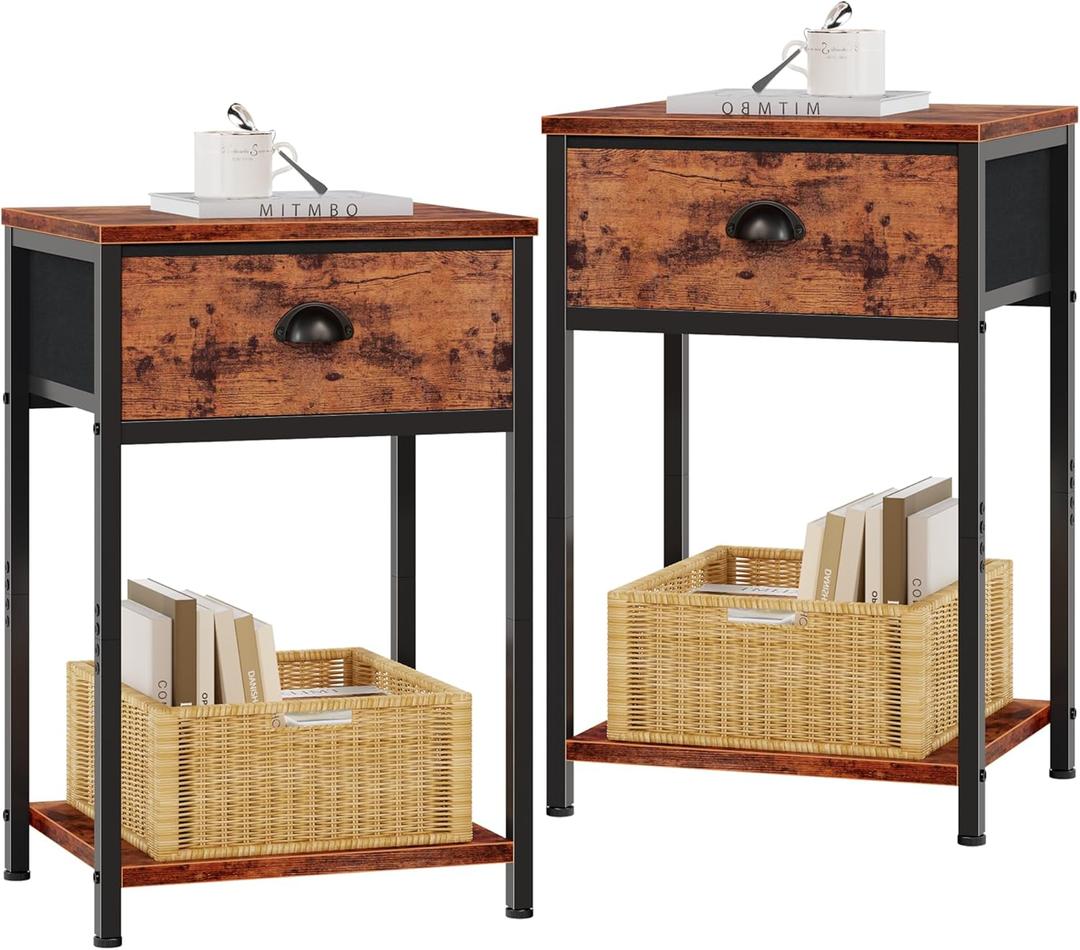 Furologee Nightstands Set of 2, Night Stand with Fabric Drawer and Storage Shelf, Retro Bedside Sofa Tables for Small Place, End Side Tables Living Room Bedroom, Rustic Brown