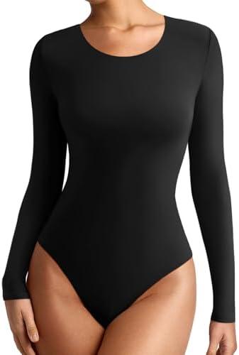 REORIA Womens Long Sleeve Bodysuits Fall Basic Round Neck Lightweight Double Lined Layering Slim Body Suit Tops, S