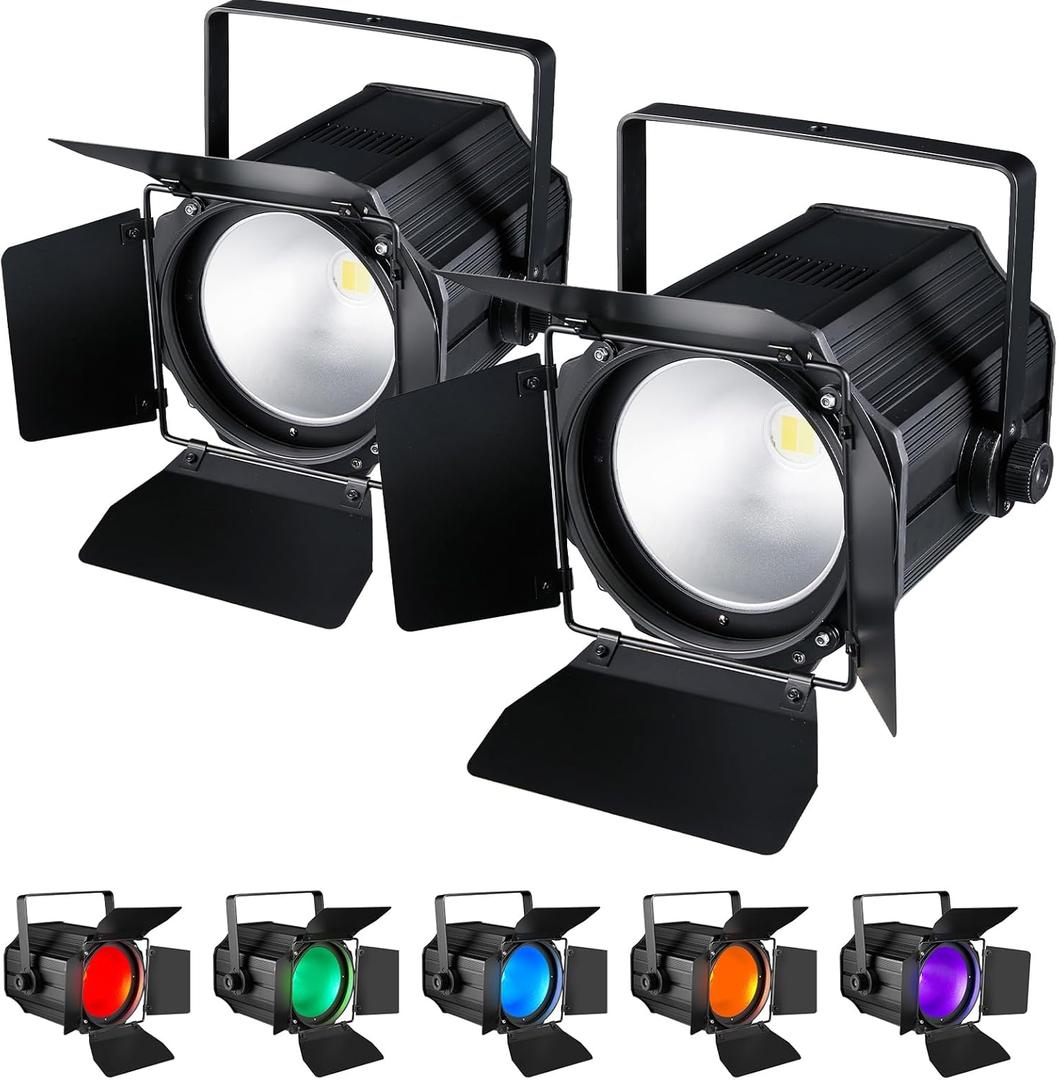 COB Stage Lights with Barn Doors, COB Par Light 200W LED RGBWAUV DMX512 Master-Slave Sound DJ Lighting Spotlight Fresnel for Church Concert Wedding (6-Colors Style, 2)