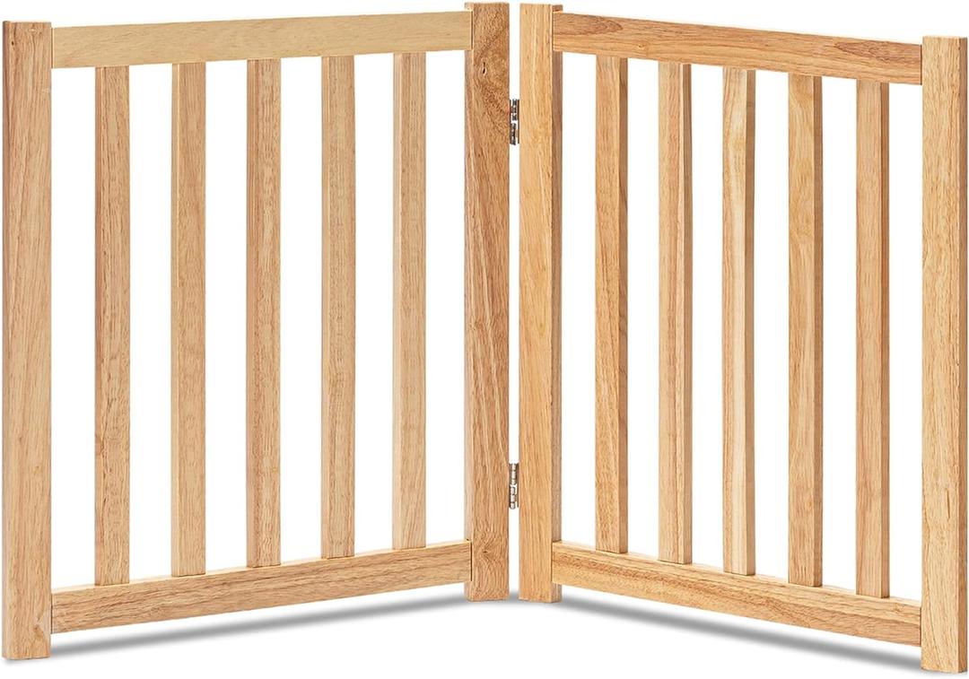 LZRS 2-Panel Wooden Free Standing Foldable Dog Gate Indoor  Solid Hardwood 24" High, Step-Over Safety Pet Gate for Doorways, Stairs & Small Spaces - Indoor Use, Natural
