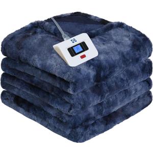 Sealy Electric Blanket Twin Size, Faux Fur & Flannel Heated Blanket with 10 Heating Levels & 1-12 Hours Auto Off, Fast Heating Blanket, Machine Washable, Navy Blue, 62x 84 Inch (Indigo)