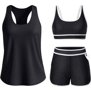 Daci Women 3 Piece Tankini Swimsuits - Tummy Control Bathing Suit Sport Bra Modest 2 Pockets Boyshorts 2026 (Black, XXL)