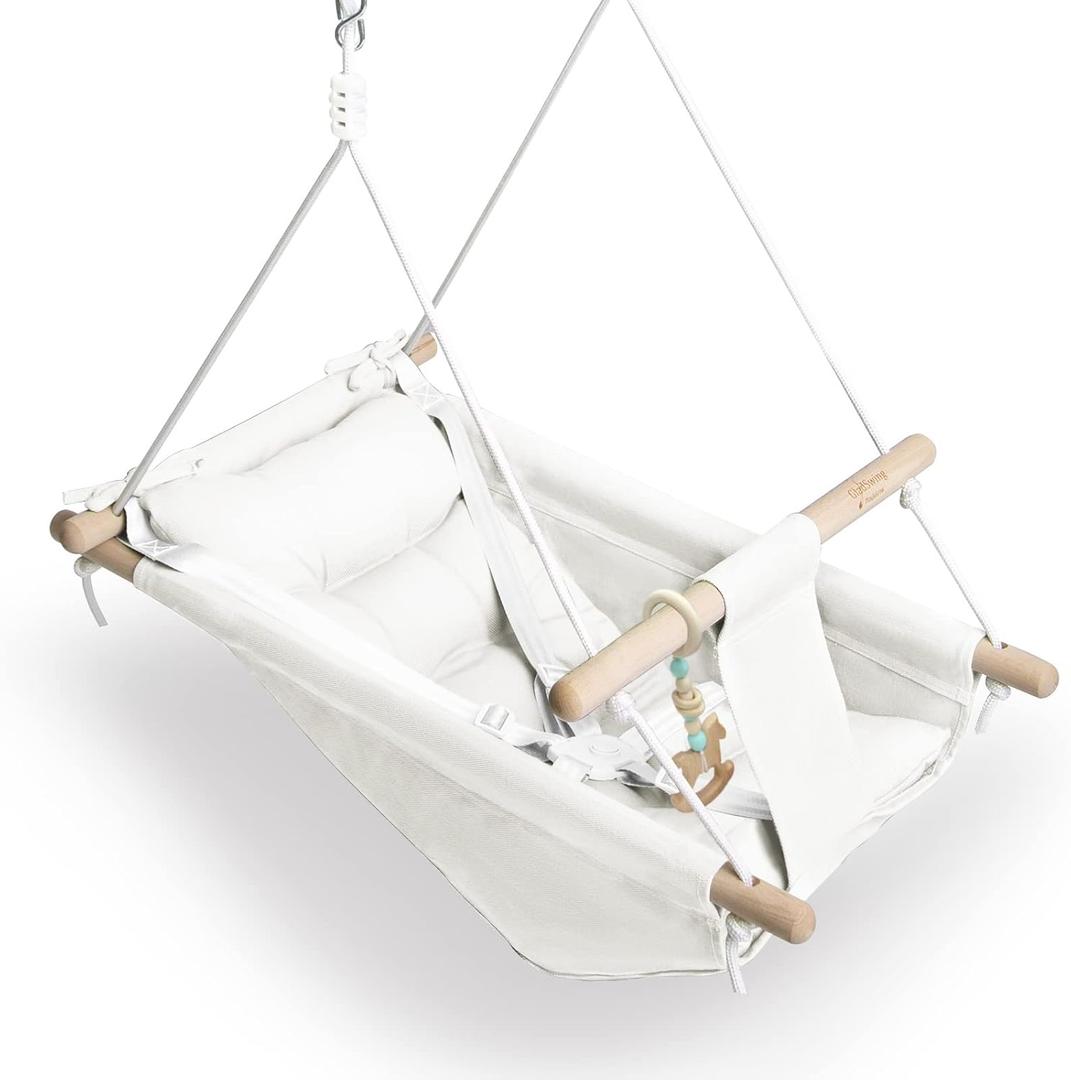 Baby Swing Outdoor Indoor for Infants to Toddlers, Portable Adjustable Baby Porch Swing with 5-Point Safety Belt, Kids Tree Hanging Chair Toys for Door Garden Backyard (White)