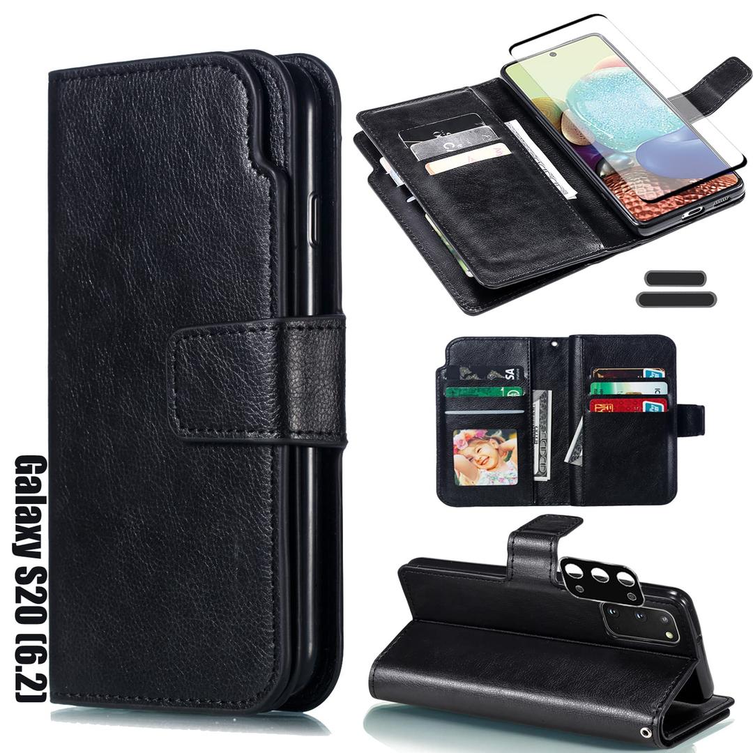 LMDAMZ for Galaxy S20 6.2 Inch Wallet Case [3+ Card Slots] ID Business Card Credit Card Slot Carry Pouch with Stand Double Sided Multi-Card Slot Flip Folding PU Wallet Leather Case (Black)