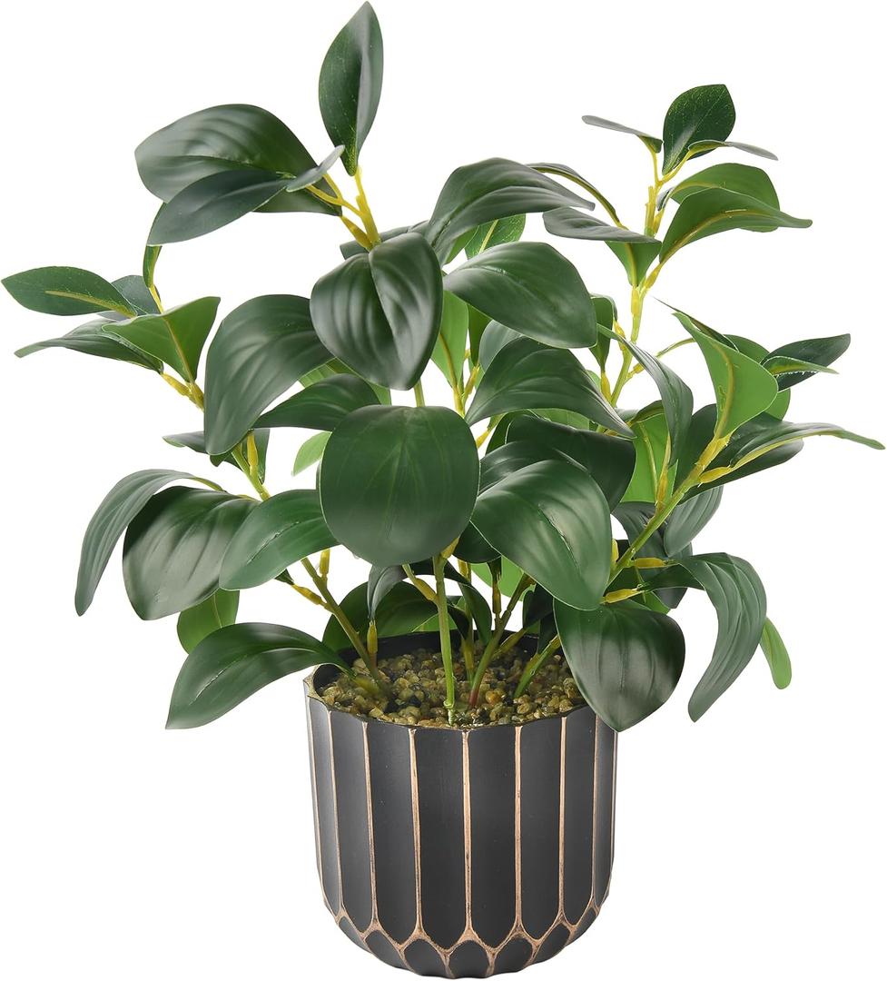 florisso Artificial Succulents with Fig Leaf Greenery in Black & Gold Planter, Fake Succulents Potted Decor for Farmhouse, Bathroom, Bedroom, Kitchen, Office Desk and Coffee Table (Black Gold)