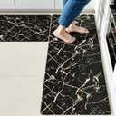 Gold Foil Stamped Marble Kitchen Mats for Floor 2PCS Cushioned Anti Fatigue Non Slip Waterproof Comfort Leather Kitchen Rugs 2/5 Inch PVC Kitchen Mats for Sink, Laundry, 17.3"x28"+17.3"x59", Black