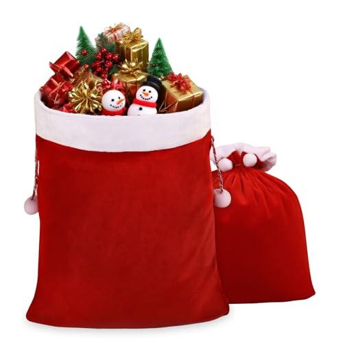 GlyinnHe 1pcs Christmas Velvet Santa Bags with Drawstring, Red Santa Gift Bags Large Christmas Gift Sack for Xmas Present Party Supply Costume Holiday Wrapping, Large