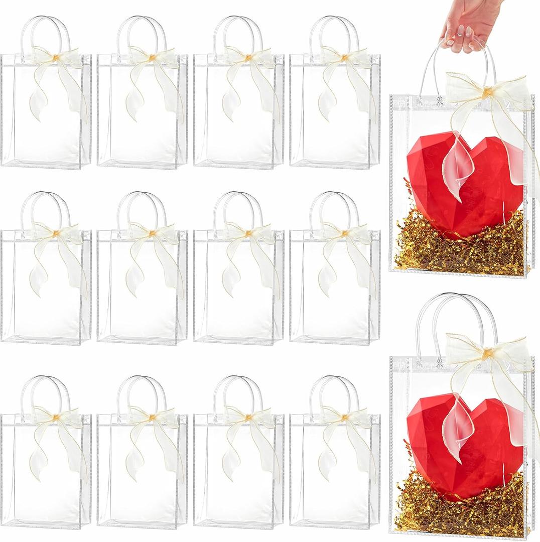 Ohuimrt 20 PCS Clear Plastic Gift Bags with Handles, 7.9 x 9.84 x 3.15 Inches Reusable Party Favor Bags with Ribbon Transparent Gift Wrap Bags Bulk for Weddings Birthdays