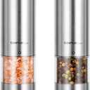 SIMPLETASTE Electric Salt and Pepper Grinder Set, Automatic One Handed,Stainless Grinders with Lights and Adjustable Coarseness,Battery Operated (Set of two, Silver)