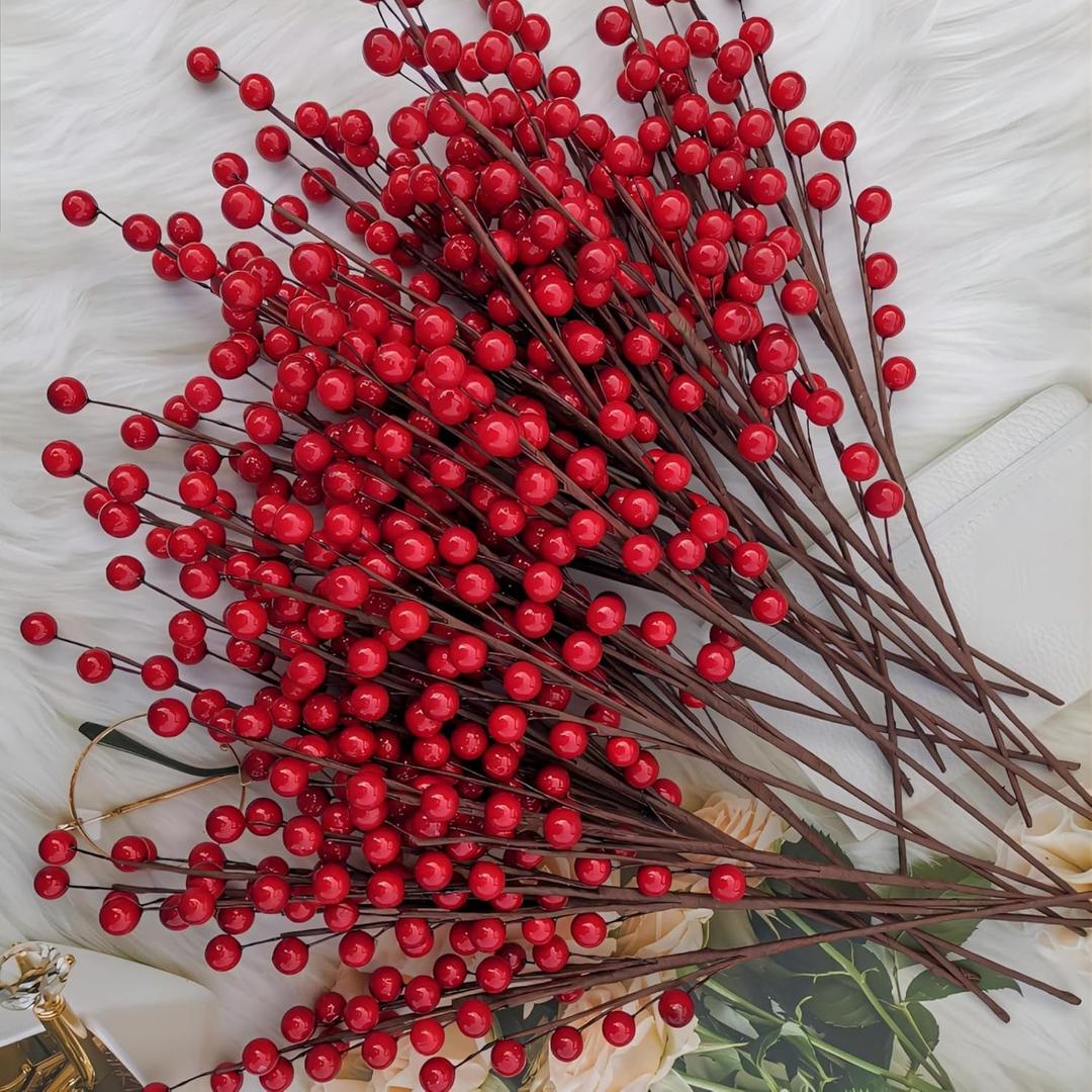 Red Holly Berry Stems for Christmas Tree,Total of 840 Red Berries,16.7in 24Pack Berry Stems,Hang Made Christmas Decor,Artificial Burgundy Berries,Fake Christmas Picks