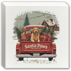 Red Truck Christmas Golden Retriever Wooden Box Sign, Gifts for Golden Retriever Lovers, Rustic Farmhouse Winter Wood Block Sign for Home Office Desk Shelf Table Decor, 5x5 Inch (white -26)