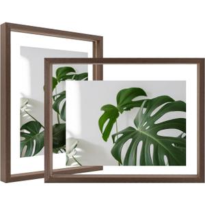 Egofine 8.5x11 Floating Frames Set of 2, Double Plexiglass Picture Frame, Made of Solid Wood Display Any Size Photo up to 8.5x11, Wall Mount or Tabletop Standing, Brown