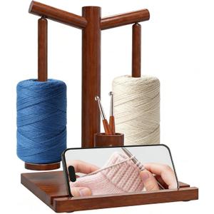 Gkmri Wooden Yarn Holder for Crocheting, Magnetic Yarn Holder Spinner with 360 Rotation & 2 Spindles, All-in-One with Phone Stand & Crochet Hook Storage, Perfect Gifts for Knitters