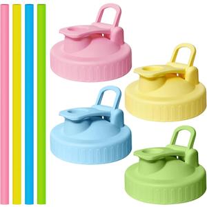 4 Pack Wide Mouth Mason Jar Lids with 4 Silicon Straws, Pour Spout Flip-top Replacements Drinking Lids Fits for Wide Mouth Mason Ball Jar