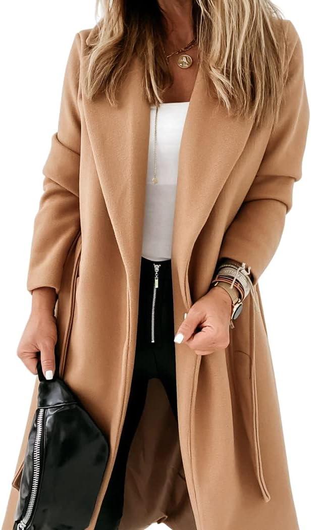 Womens Classic Coat Lapel Collar Open Front Belted Long Jacket (XX-Large, Camel)