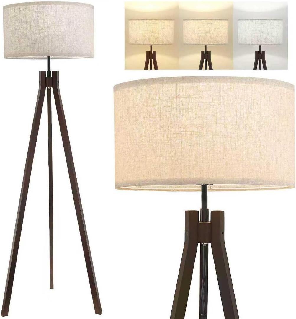 ELYONA Wood Tripod Floor Lamp for Bedroom, 3 Color Temperatures & Linen Shade, Modern Reading Standing Lamp with 9W LED Bulb, Mid Century Night Light for Farmhouse, Living Room, Office, Walnut