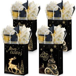 Funrous 16 Pcs Gold Black Christmas Bags with Tissue Paper Xmas Black and Gold Gift Bags Metallic Gold Black Goody Treat Bags with Handles for Christmas Thanksgiving Candy Cookies Party Supplies