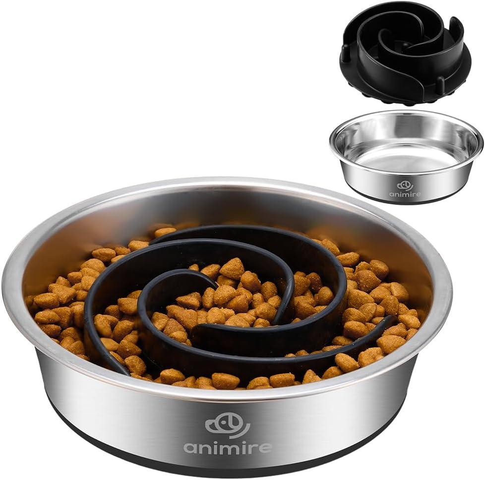 2-in-1 Metal Dog Bowl with Slow Feeder Insert, Stainless Steel Dog Bowls Food Grade 304, Water Food Bowl with Anti-Slip Silicone Base for Small, Medium, Large Dogs (Black)