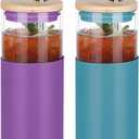 Glass Tumbler w/Lids & Straw: 24 oz Reusable Glass Cup w/Bamboo Lid, Stainless Steel Straws, BPA-Free, Leak-Proof, Dishwasher Safe for Coffee/Smoothies/Hot Beverage, Travel/Office/Home Use, 2-Pk (Blue&Purple)