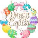 3 x Easter Eggs Wreaths Sign for Front Door, Colorful Eggs Hollow Hanging Solid Wood Happy Easter Sign Decorations for Home Shop Garden
