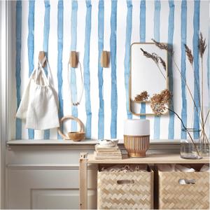 Blue Striped Peel and Stick Wallpaper Removable Self-Adhesive Vinyl Wrap Waterproof Coastal Contact Paper Roll Vintage Boho Decor for Countertops Living Room Bedroom Cabinets 17.7x393.7