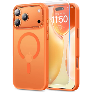Magnetic for iPhone 17 Pro Max Case with Screen Protector & Wrist Strap, Fit for MagSafe,Military-Grade Protective Drop, Shockproof Matte Translucent Slim Cute for iPhone 17 ProMax Case, Glossy Orange