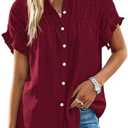 MASCOMODA Womens 2026 Button Down Shirts Ruffle Short Sleeve Loose Summer Tops Dressy Casual V Neck Business Work Blouses, Medium,  Wine Red
