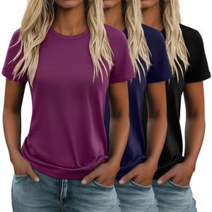 Huukeay 3 Pack Women's Cotton T Shirts Casual Short Sleeve Tunic Tops Crewneck Summer Loose Fit Plain Basic Tee, Large