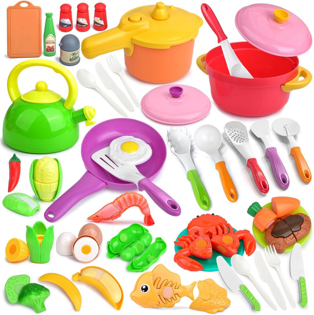 Kids Kitchen Playset, 66PCS Toddler Pretend Cooking Toys with Pots and Pans, Play Food, Utensils,Cookware, Play Food Set,Cutting Toys Fruit Veges,Educational Role Play Set for Toddlers Boys Girls