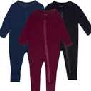 GUISBY Baby Pajamas with Mitten Cuffs - 3Pcs Girls Boys 2 Way Zipper Long Sleeve Rayon Sleepers (12-18 Months, Maroon-Navy-Black)