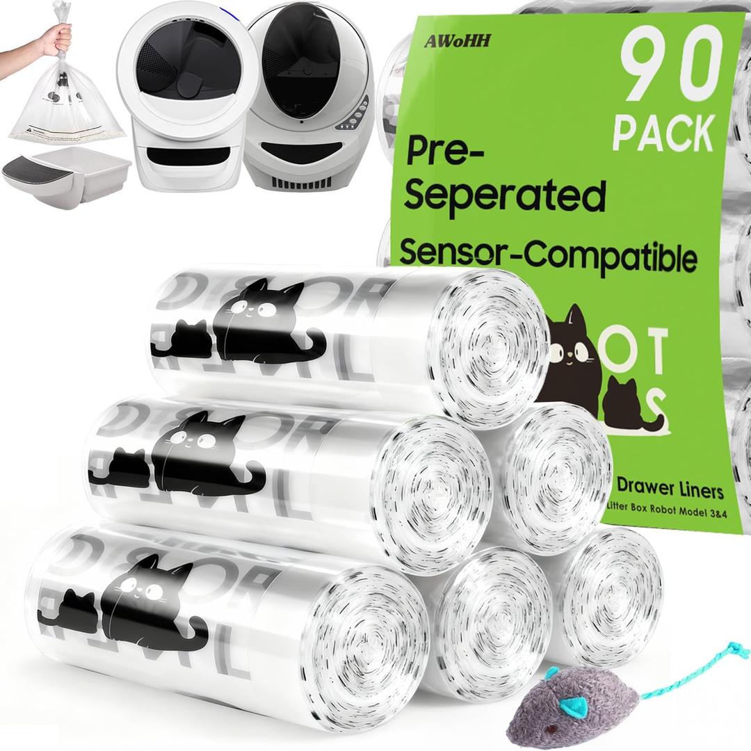 90 Pack Cat Litter Box Robot 5/4/3 Waste Bags, Tear-free, Transparent, Sensor-compatible, Automatic Litter Box Liners Bags, 9-11 Gallon Capacity