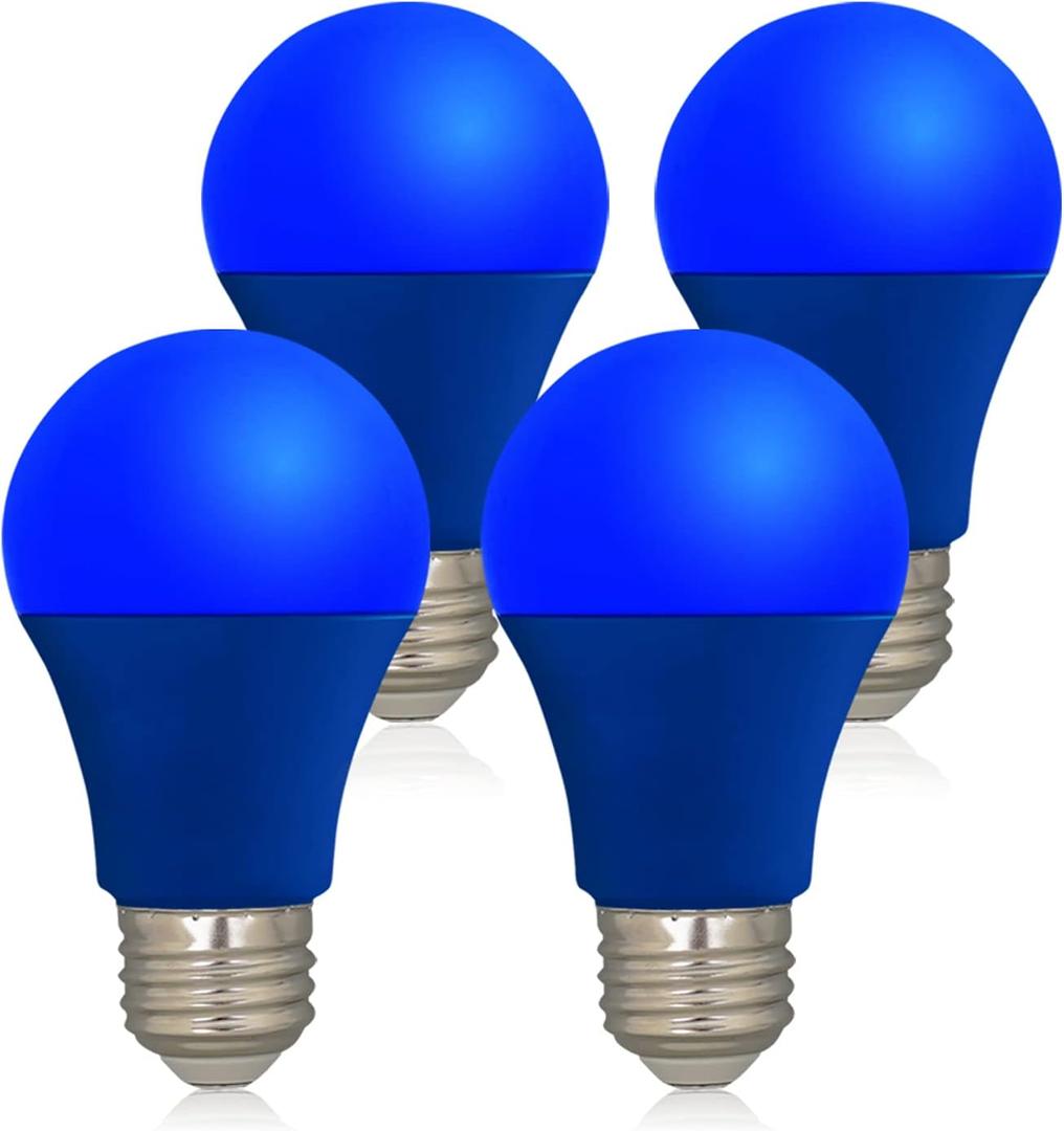 LED Blue Color Light Bulb - A19 E26 Base Blue Bulbs 9W (60W Equivalent), LED Lightbulbs Perfect For Outdoor Porch, Christmas Decoration, Party Decoration, Holiday Lighting, Halloween Decor, 4 Pack