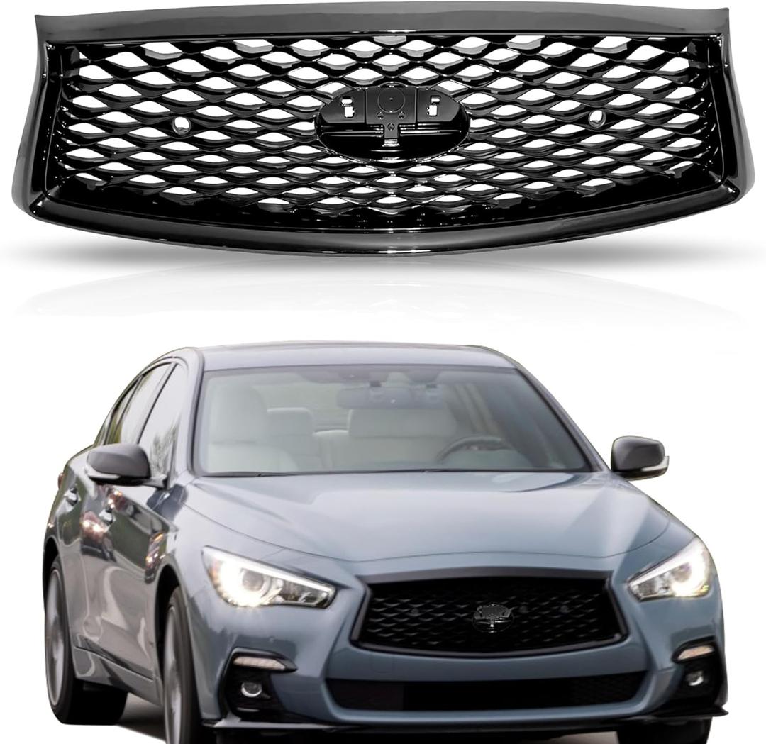 For 2018 2019 2020 2021 2022 2023 Infiniti Q50 Front Bumper Upper Grille Gloss Black Mesh Grill W/Sensor hole 623106HH0A