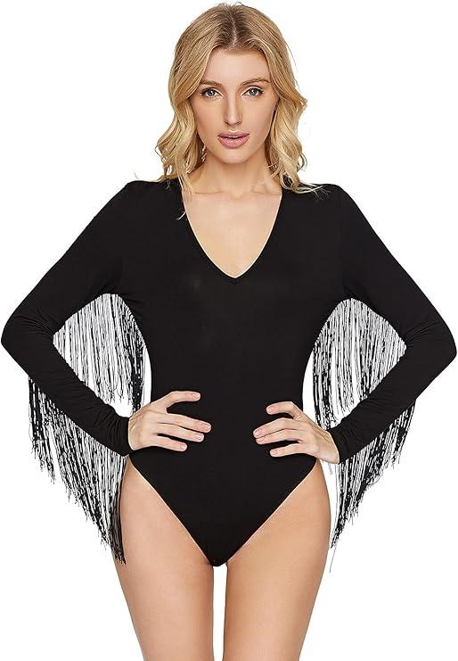 Verdusa Women's Fringe Trim V Neck Long Sleeve Bodysuit Top Black 2xl