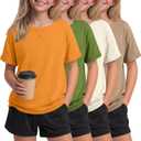 Oakgarden 4 Pack Girls Short Sleeve T Shirts Kids Casual Loose Tops Rolled Cuff Cute Basic Tees 5-14 Years Back to School