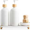 Getstar Hand and Dish Soap Dispenser Set, Ceramic Soap Dispenser for Bathroom and Kitchen with Rust Proof Pump and Tray, Set of 2 (White Pump&Body w/Brush)