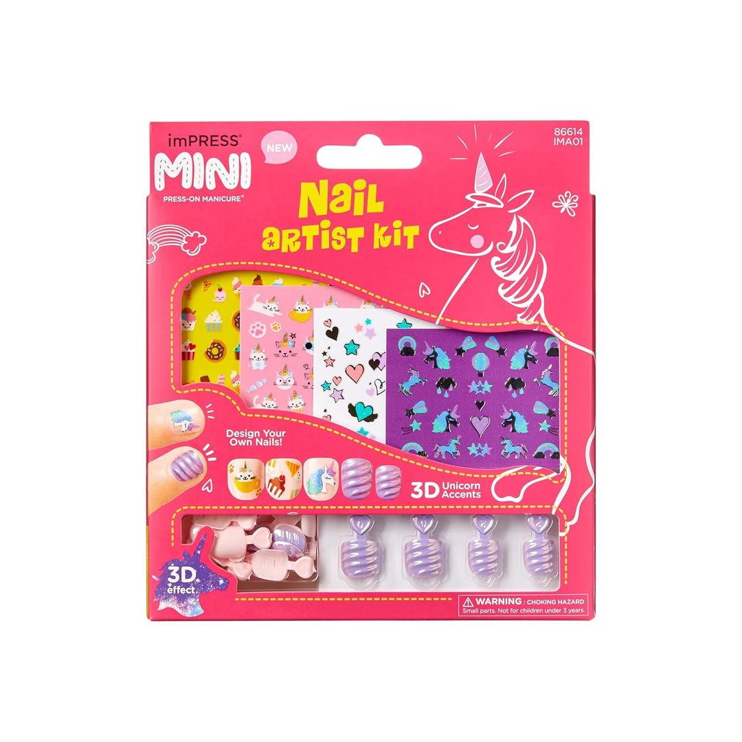 KISS imPRESS No Glue Mani Press On Nails, , 'Nail Artist Kit', Pink, Kids Size, Squoval Shape, Includes 26 Nails, 4 Sticker Sheets, 1 Mini File (Medium)
