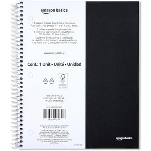 Amazon Basics College Ruled Spiral Notebook, 3 Subject, 150 Sheets, 8.5 x 11 inches, Black
