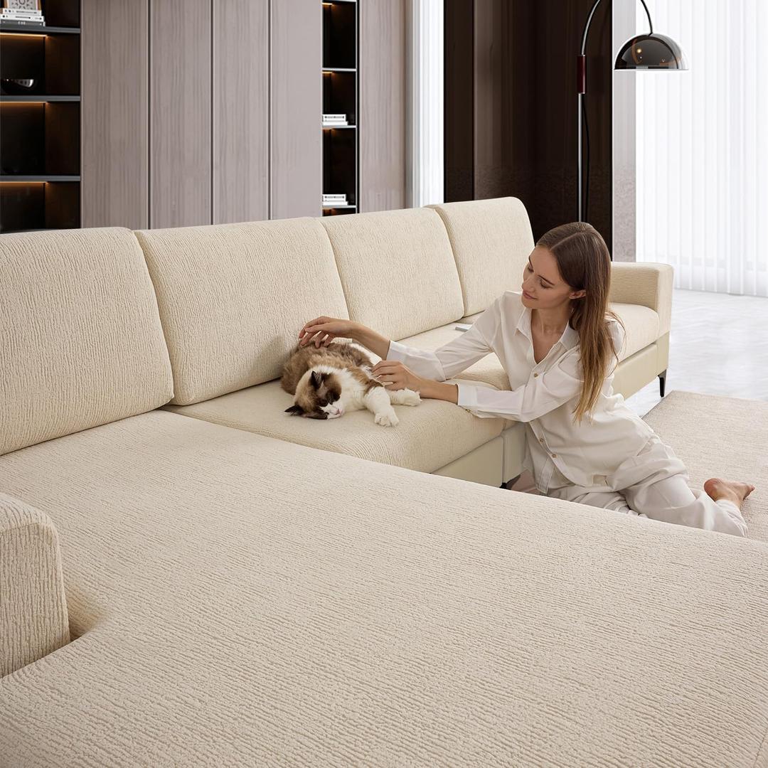 Couch Cushion Covers Sectional Couch Covers Stretch Washable Soft Seat Cushion Covers Furniture Protector Sofa Slipcovers for Pets(Natural,3 Pieces Seat Covers or Back Covers)