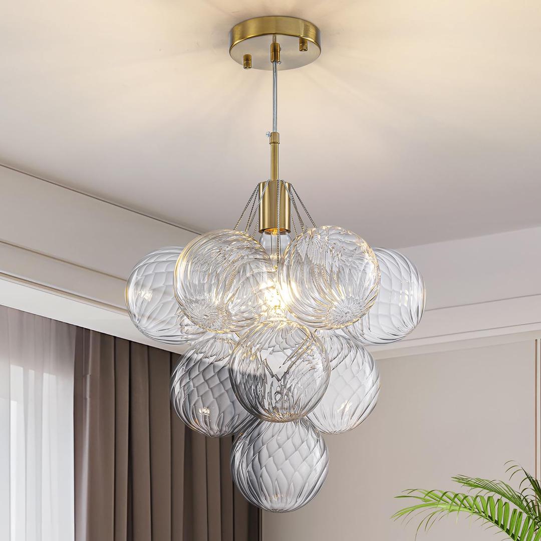 Dining Room Chandelier, Modern Brushed Gold Pendant Light for Foyer Bedroom | Bubble Ceiling Light Chandelier Vintage Hanging Light Fixtures with 10 Swirled Glass Globe Kitchen, Include E26 Bulb